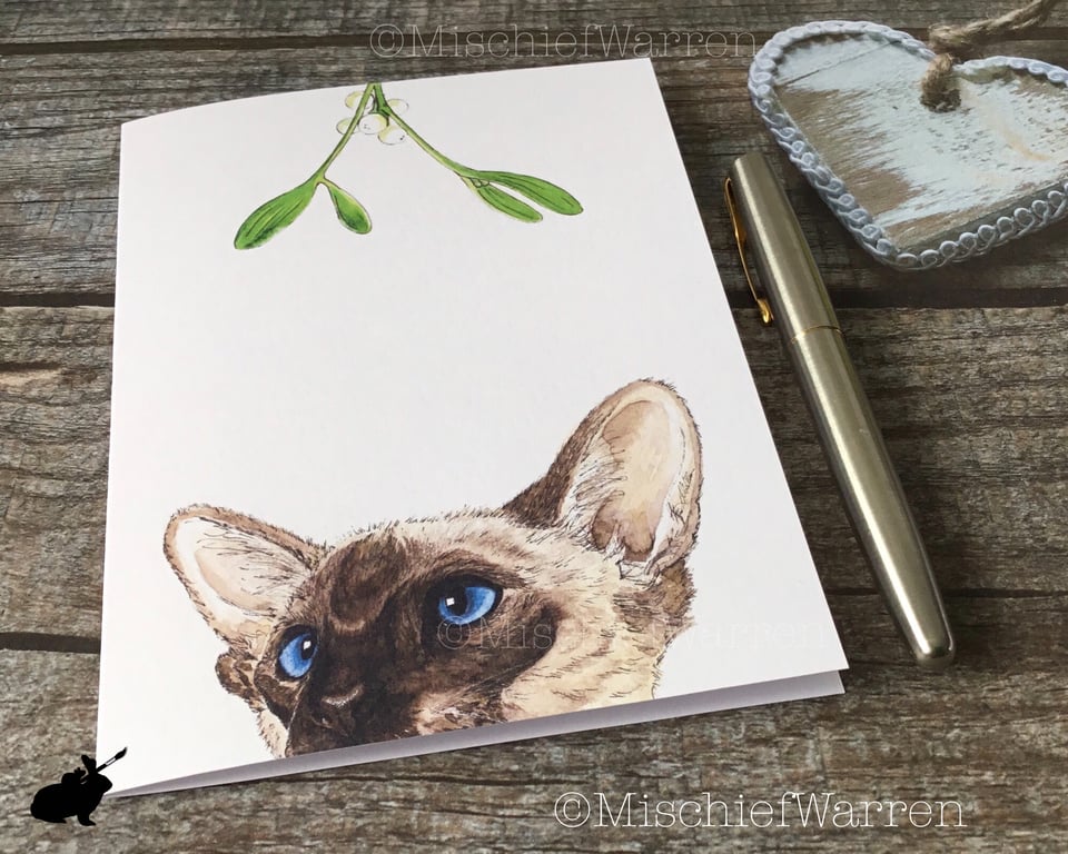 Siamese Cat Christmas Card. Cat handmade Christmas card.