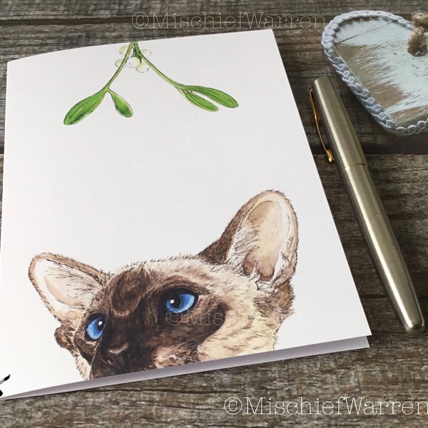 Siamese Cat Christmas Card. Cat handmade Christmas card.