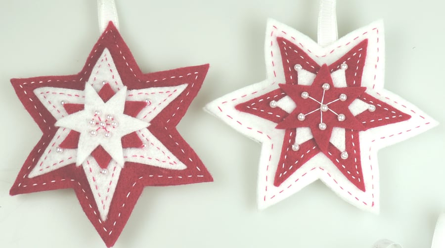 Set of 2 Large Felt Stars, White & Deep Pink, Handmade, embroidered with Pearls