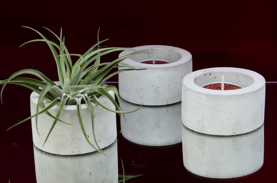 Set of 3 Round Handmade Concrete Tea Light, Air Plant Holders