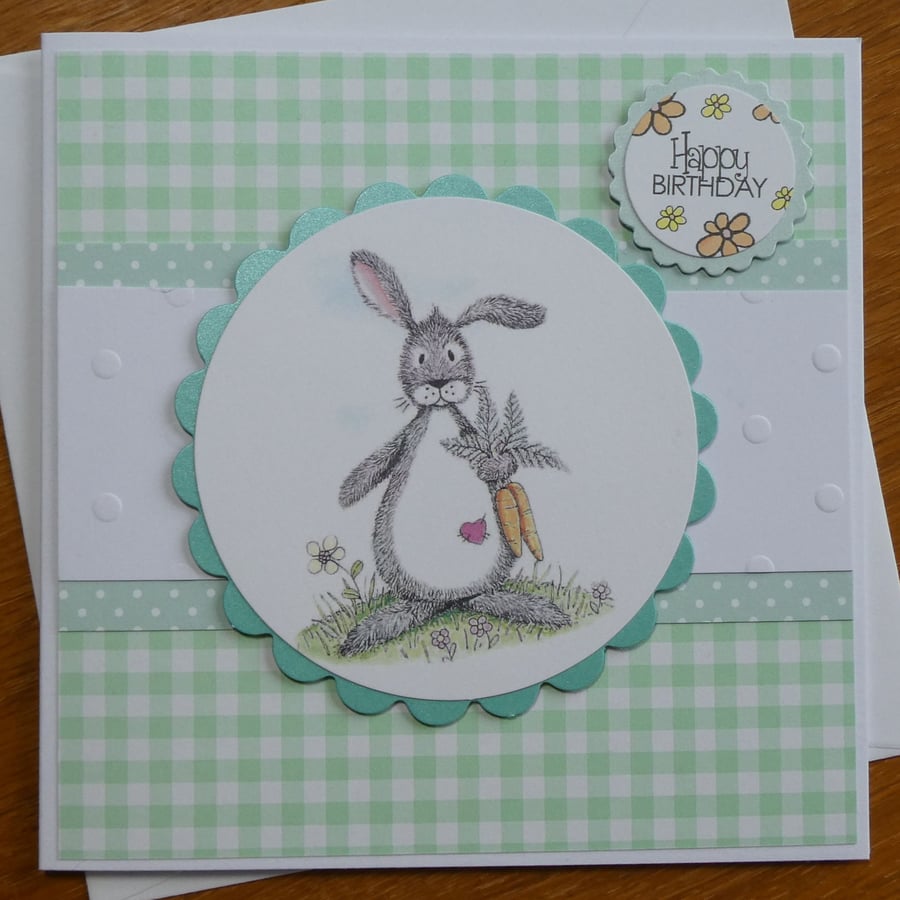 Happy Birthday Card - Rabbit with Carrots