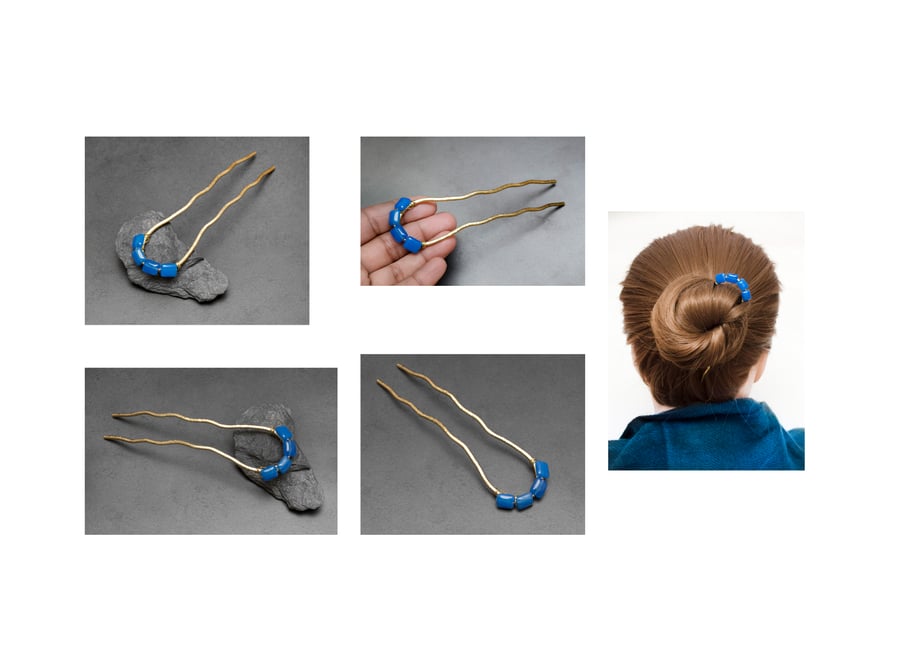 Brass hair bun holder,Blue Agate Rectangles Brass Hair fork,hair bun fork.