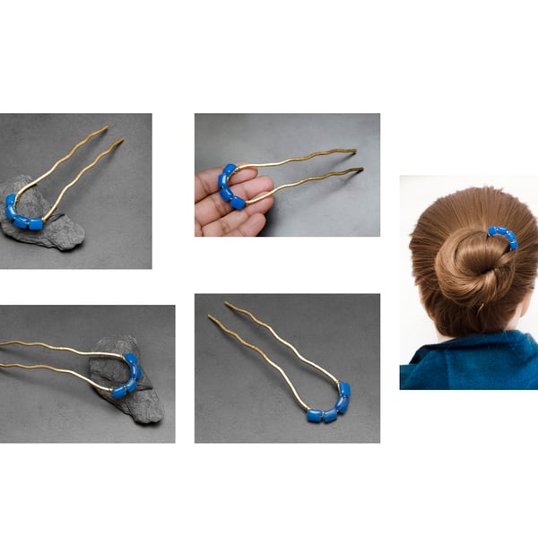 Brass hair bun holder,Blue Agate Rectangles Brass Hair fork,hair bun fork.