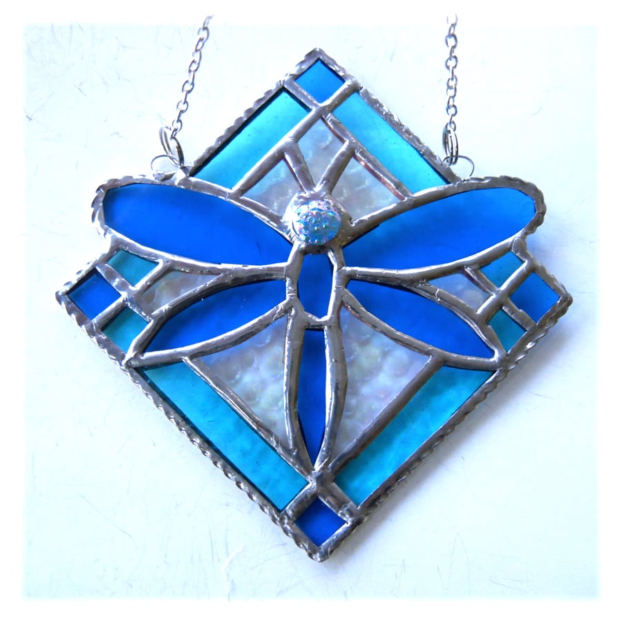 Dragonfly Framed Stained Glass Suncatcher Turquoise Sky Blue Tile