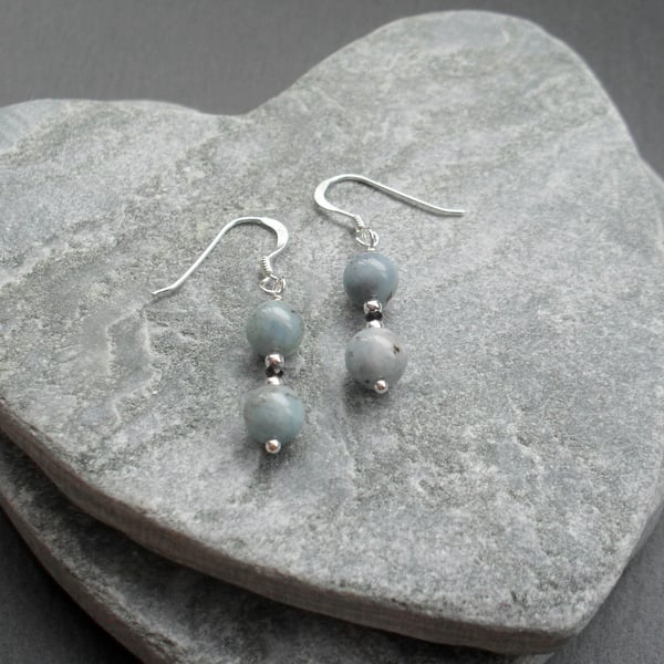 Aquamarine and Black Spinel Sterling Silver Dangle Drop Earrings