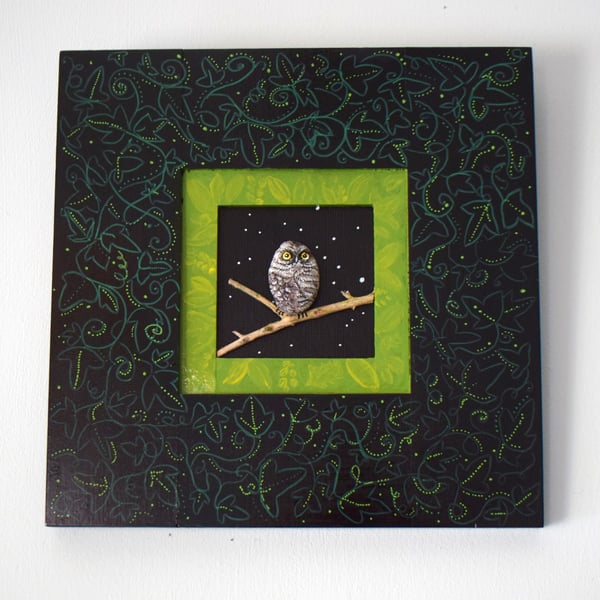 Hand painted, upcycled picture frame and owl pebble art