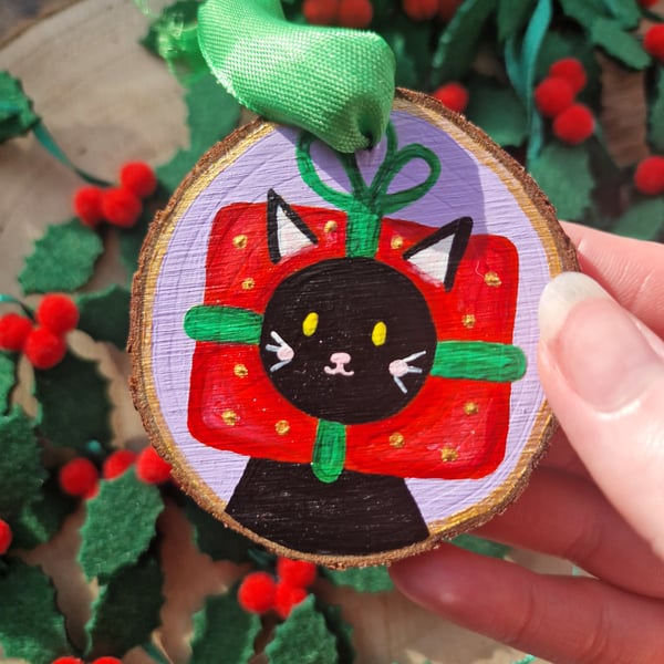 Black cat wood slice Christmas decoration, Black cat decor, Cat Christmas gift
