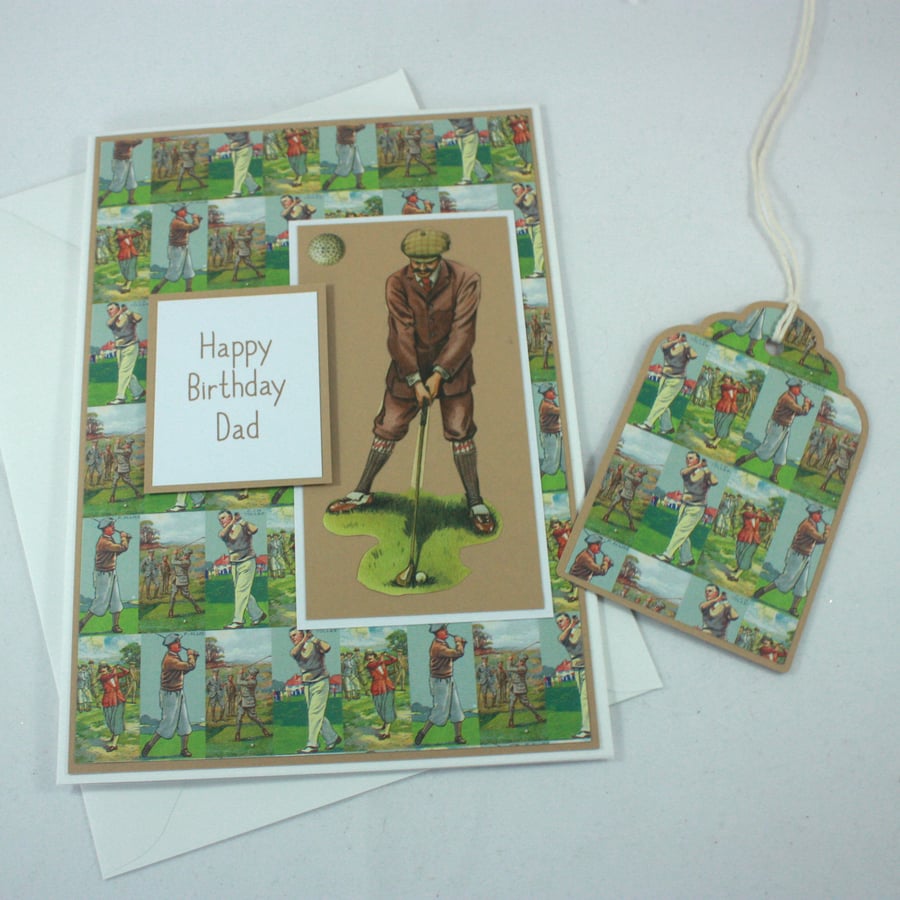 Handmade Dad birthday card - vintage golfer with gift tag 