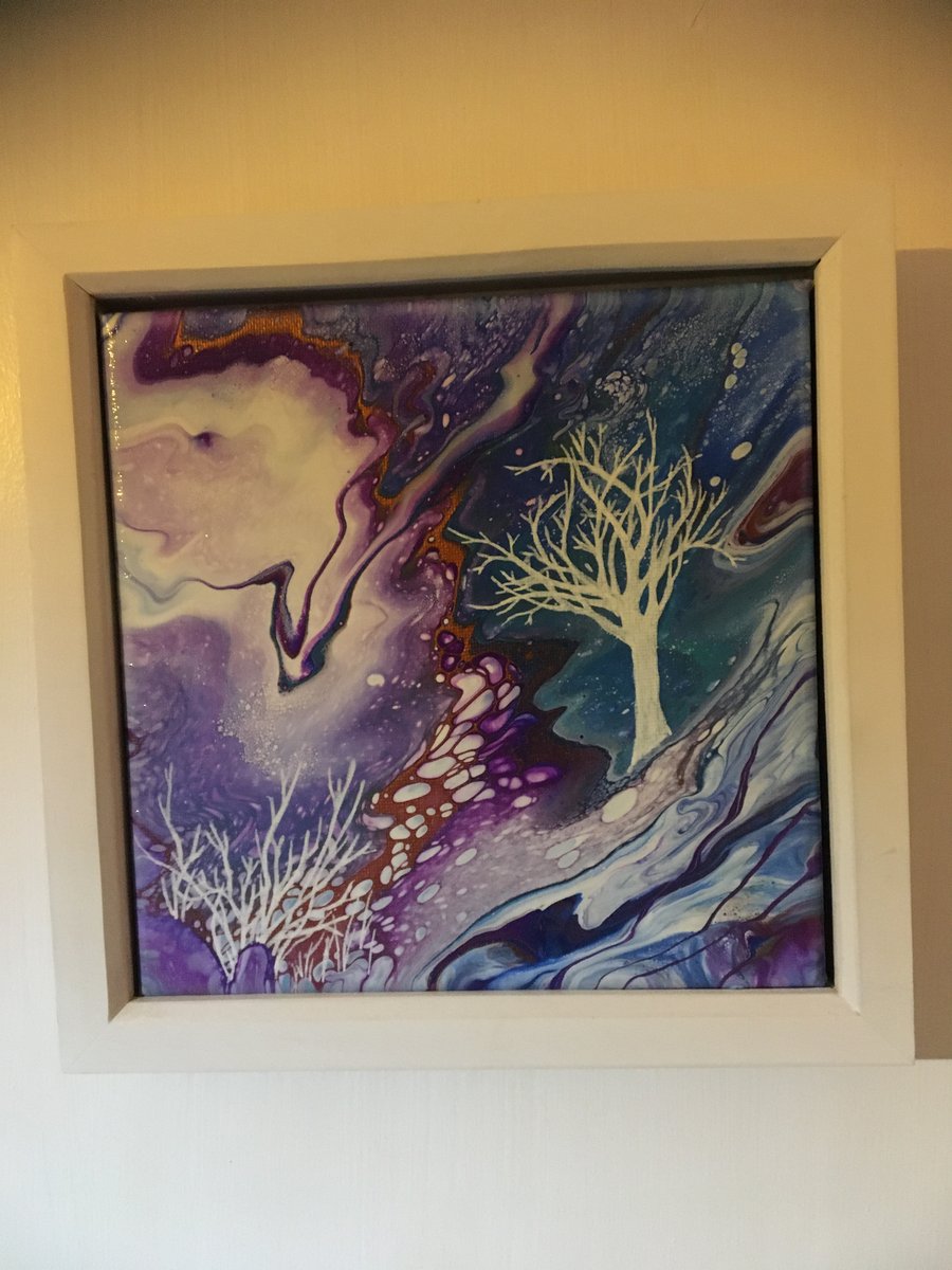 Original fluid art  painting, abstract, winter, multicoloured, white frame  