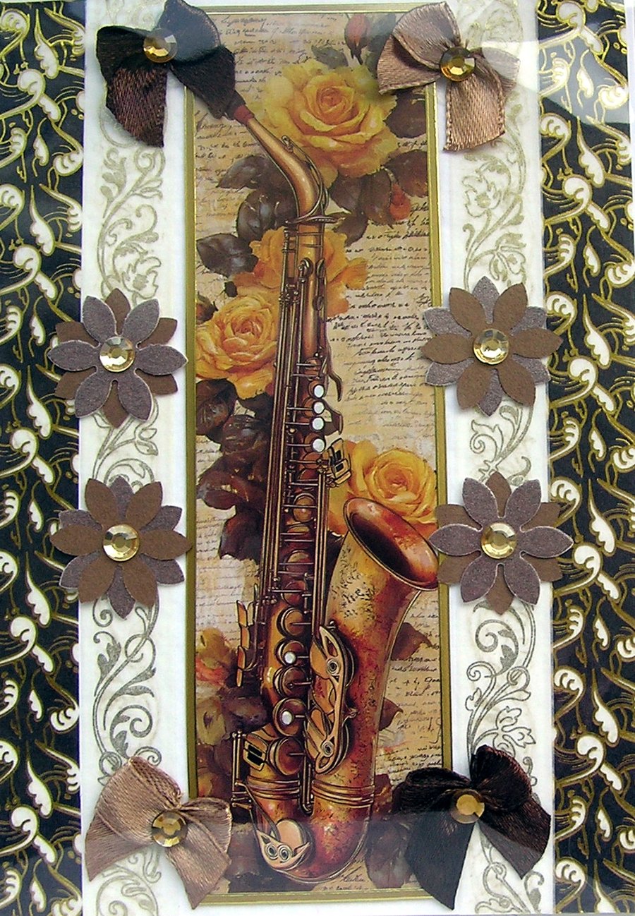 Saxophone & Yellow Rose - Hand Crafted Decoupage Greeting Card - Blank 3248