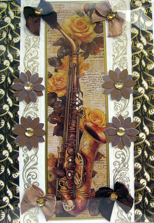 Saxophone & Yellow Rose - Hand Crafted Decoupage Greeting Card - Blank 3248