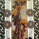 Saxophone & Yellow Rose - Hand Crafted Decoupage Greeting Card - Blank 3248