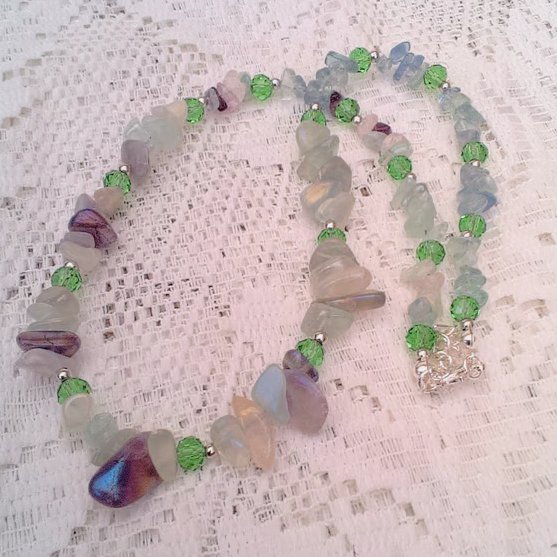 Fluorite Gemstone Chip Bead and Green Crystal Necklace, Gift for Her, Gemstones