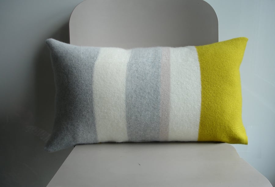 Cushion knitted in lambswool with feather pad - contemporary yellow grey stripe