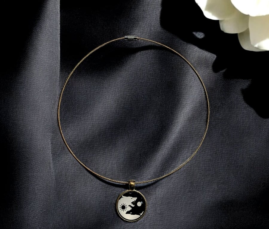 Wolf, yin and yang choker necklace, boho jewellery