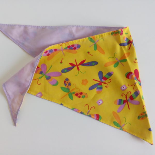 Dog Bandana, med size, 16"-22",  dragonflies, neckerchief style, yellow