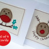 Pack of 4 Christmas Cards - 2 Robins and 2 Rudolph