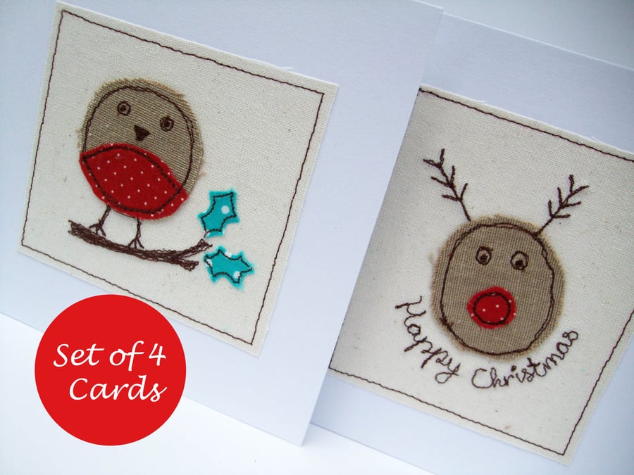 Pack of 4 Christmas Cards - 2 Robins and 2 Rudolph