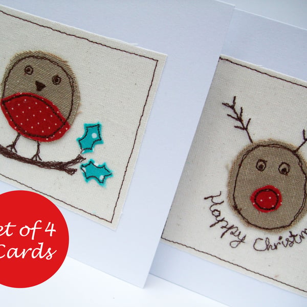 Pack of 4 Christmas Cards - 2 Robins and 2 Rudolph - Folksy