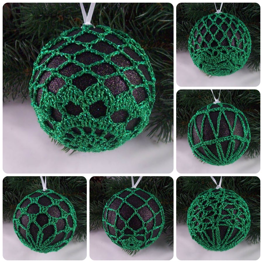 Christmas baubles boxed set of 6 large decorated with crochet lace (A45)
