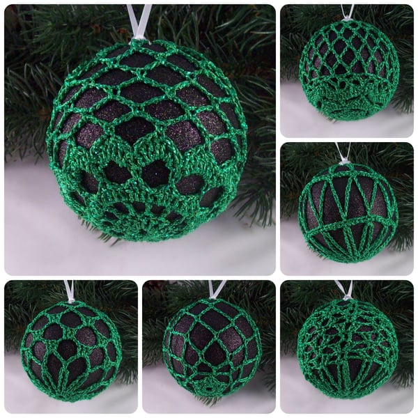 Christmas baubles boxed set of 6 large decorated with crochet lace (A45)