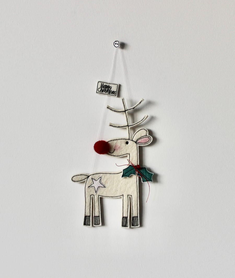 'Reindeer with Holly' - Handmade Hanging Decoration
