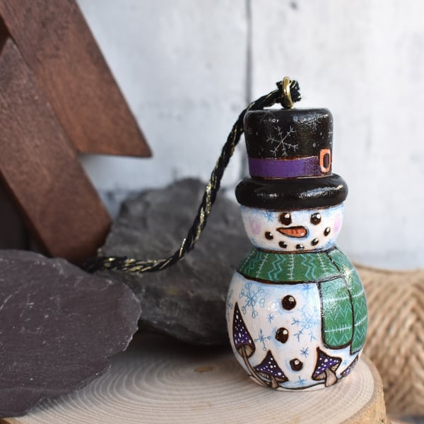 The snowman and the snail, hanging pyrography wooden decoration