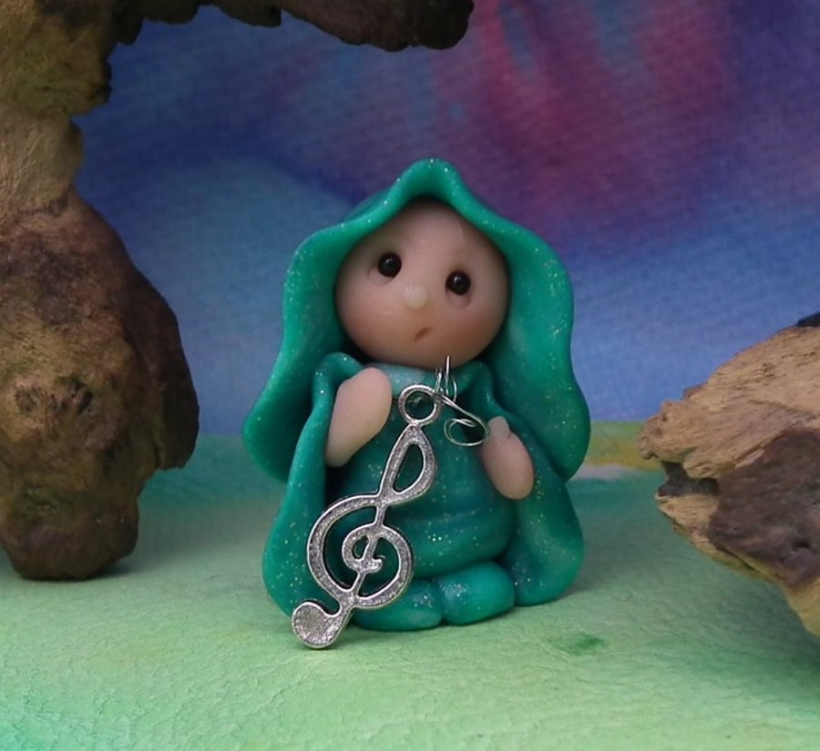 Tiny Musical Gnome 'Felic' with treble clef OOAK Sculpt by Ann Galvin