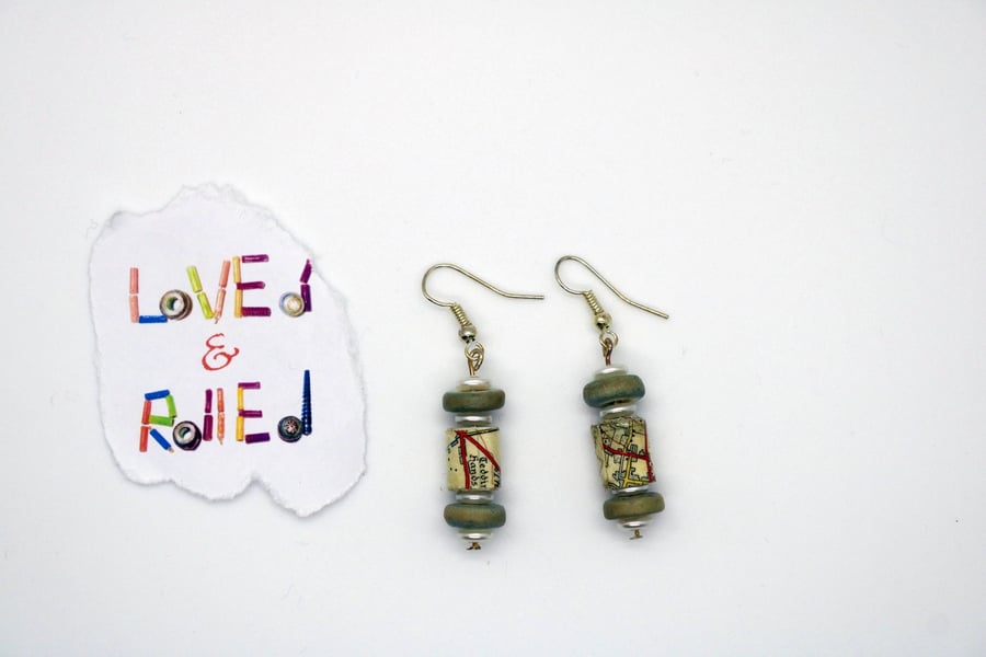 Small paper bead earrings map design