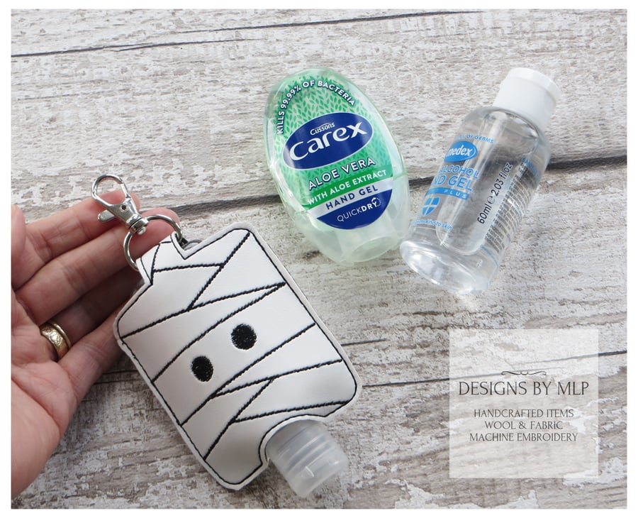 Halloween Mummy Hand Sanitiser Holder, Machine Embroidered with Lobster Clasp