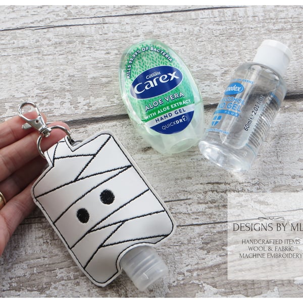 Halloween Mummy Hand Sanitiser Holder, Machine Embroidered with Lobster Clasp