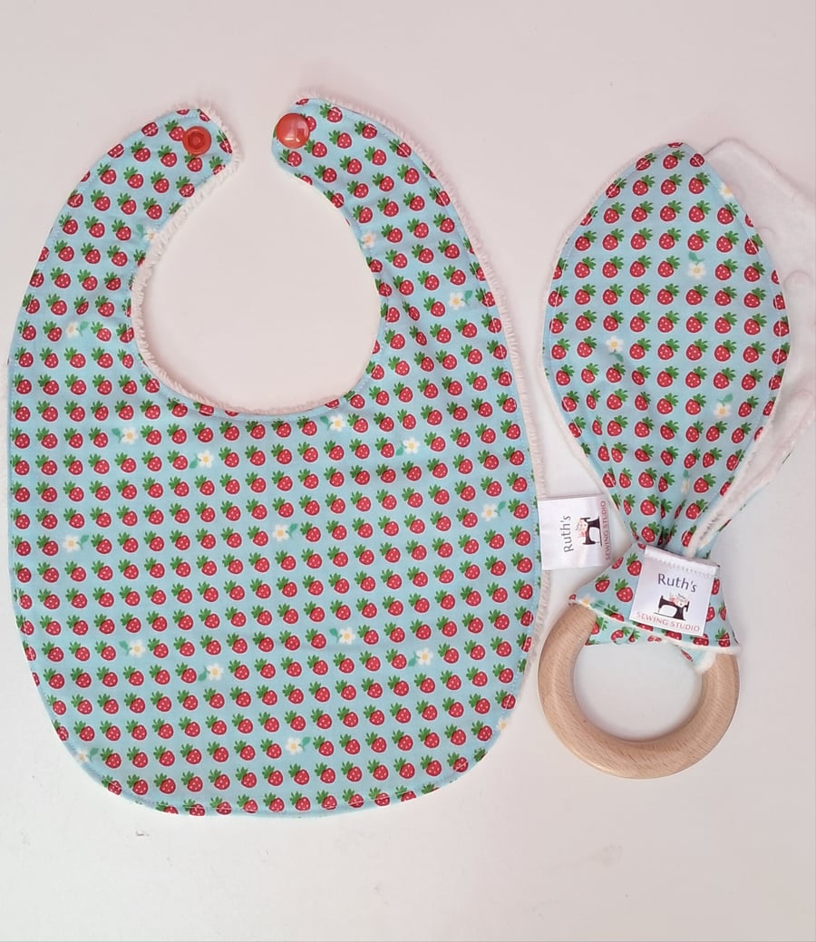 Newborn baby gift set teething ring and bib - mini strawberries