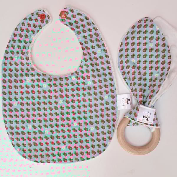 Newborn baby gift set teething ring and bib - mini strawberries
