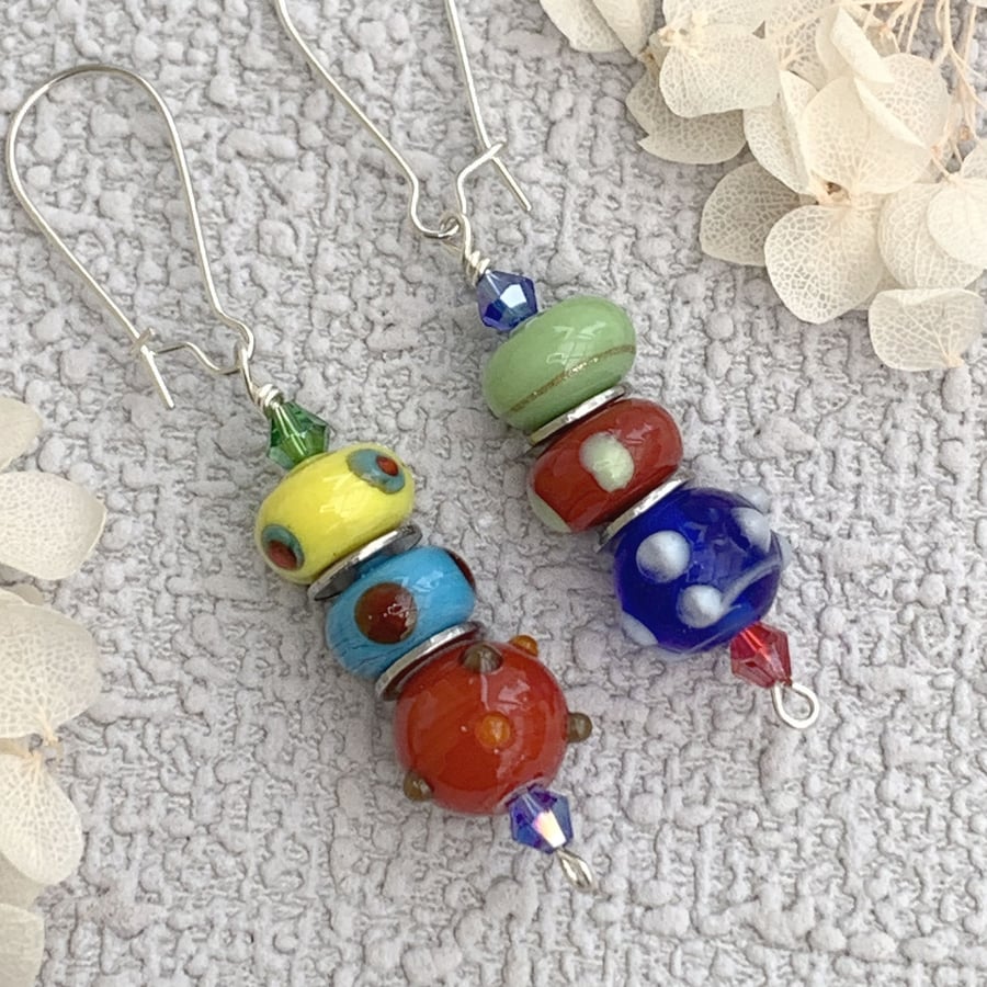 Boho Lampwork Glass Bead Asymmetric Earrings