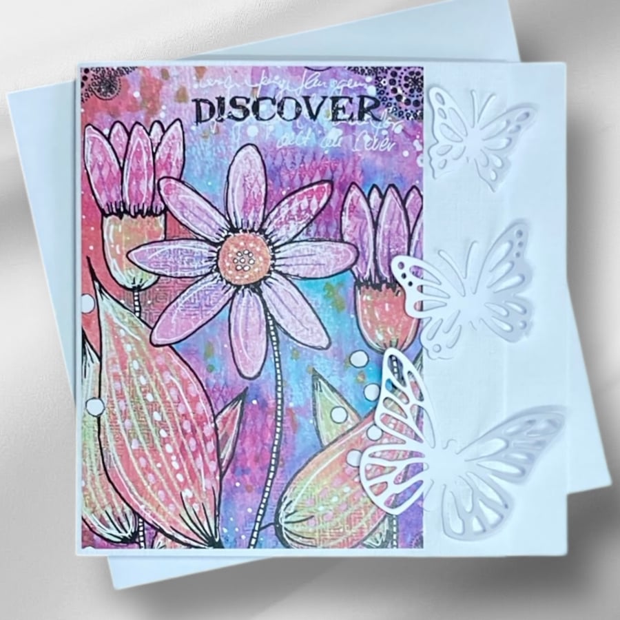 Floral and butterfly blank greetings card. Blank card.