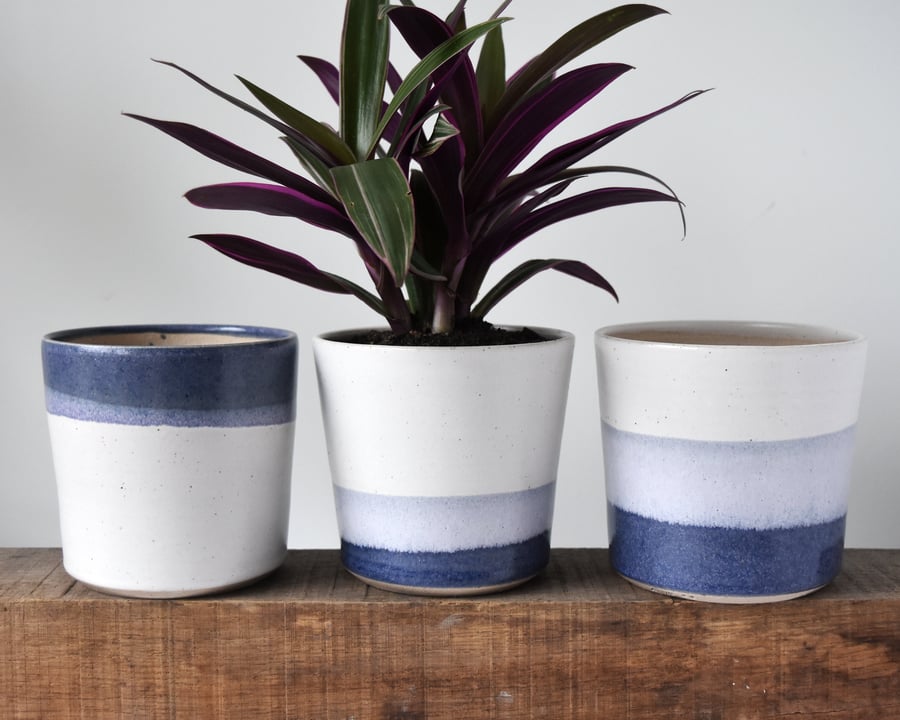 Handmade ceramic planter in blue and white for houseplants, succulents, herbs 