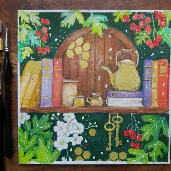 Hawthorn and books, original artwork 
