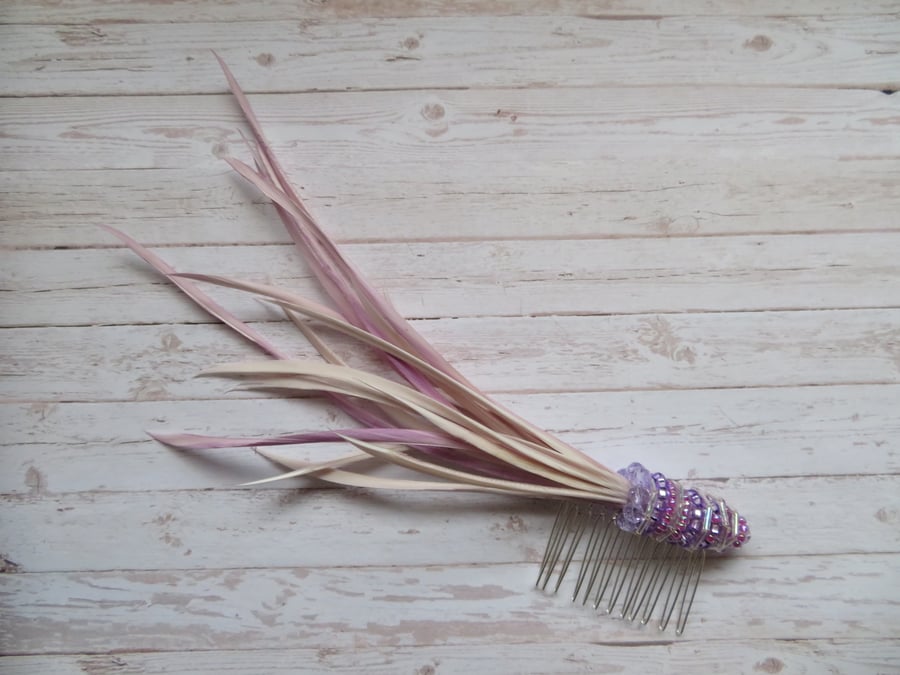 Lavender Lilac Feather & Crystal Bead Regency Vintage Style Hair Comb 