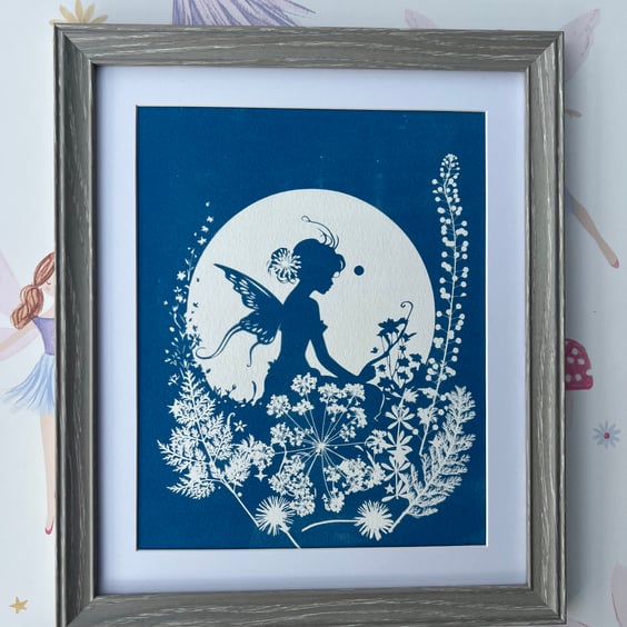 Fairy Enchanted Garden, Fairy Art Gift, Botanical Cyanotype Art.