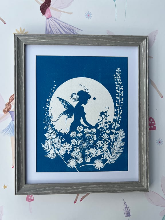 Fairy Enchanted Garden, Fairy Art Gift, Botanical Cyanotype Art.