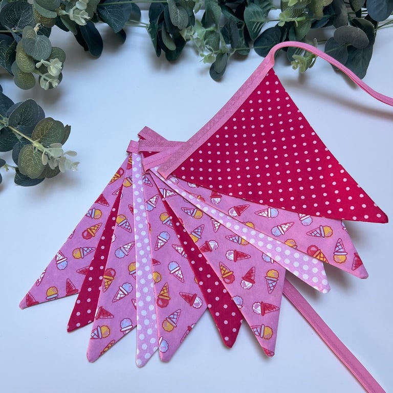 Handmade Fabric Bunting 10 Flags in Pink Ice Cream Cone Design