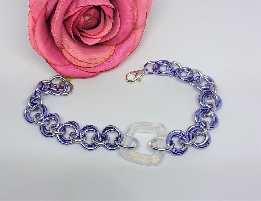 Purple Colour Anodized Aluminium Mobius Rose Chainmaille Bracelet with AB Crysta