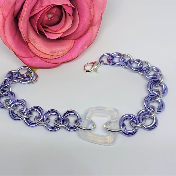 Purple Colour Anodized Aluminium Mobius Rose Chainmaille Bracelet with AB Crysta