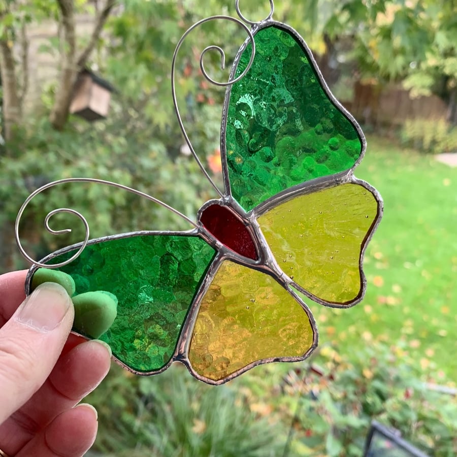 Stained Glass Butterfly Suncatcher - Handmade Decoration - Pale Green and Amber