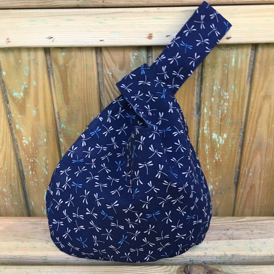 Small Reversible Japanese Knot Bag with Blue Japanese Dragonfly Fabric