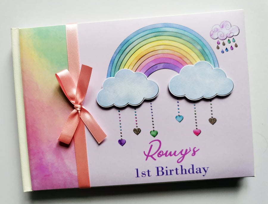 Rainbow and clouds birthday guest book, birthday party gift