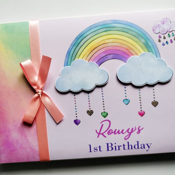 Rainbow and clouds birthday guest book, birthday party gift