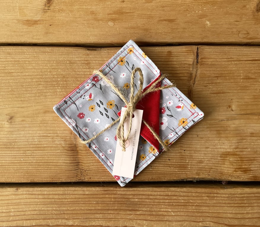 Fabric Coasters, 4 Set, Handmade Coasters, Cotton Coasters. Grey Floral-COAST-08
