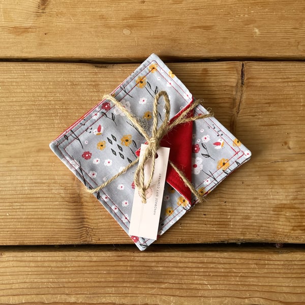 Fabric Coasters, 4 Set, Handmade Coasters, Cotton Coasters. Grey Floral-COAST-08