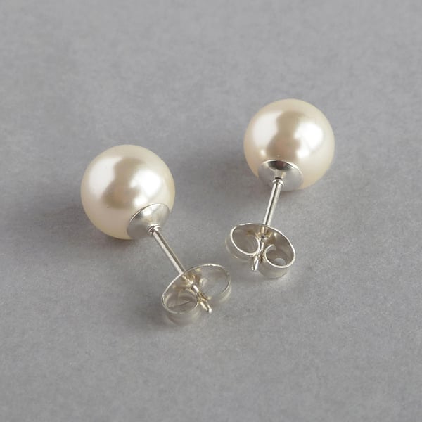 8mm Cream Glass Pearl Stud Earrings - Simple Round Ivory Pearl Studs - Gifts